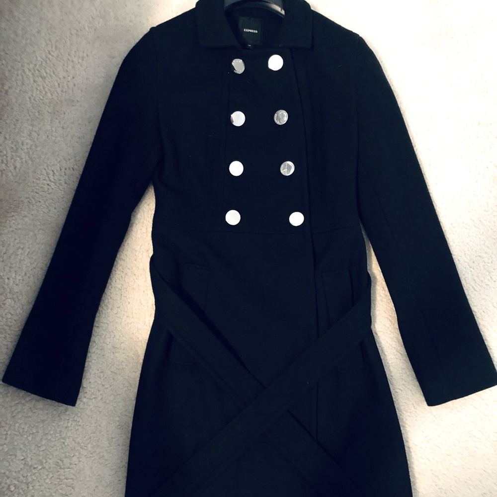 Women’s Express brand knee length black wool blend belted winter peacoat.